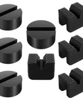 Image of Universal Rubber Jack Stand Pads 8 Pack With Round And V Groove Designs Heavy Duty Pinch Weld Protectors for safer vehicle lifting.