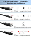 Diagram of Versatile 42V 2A Scooter Charger With Four Tips, showing sizes 5.5x2.1mm, 5.5x2.5mm, 8mm RCA, 8mm 3-prong