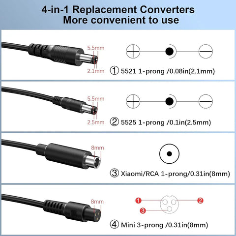Diagram of Versatile 42V 2A Scooter Charger With Four Tips, showing sizes 5.5x2.1mm, 5.5x2.5mm, 8mm RCA, 8mm 3-prong