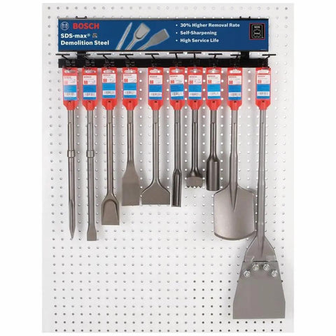 Display of Bosch SDS-max demolition chisels, various sizes including 2 In X 12 In SDSMax Tile Chisel For Demolition Hammers HS1915.