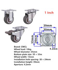 Diagram of 1 inch set of four lightweight TPE caster wheels with brakes, smooth rolling, universal stem, silent bearings, soft rubber