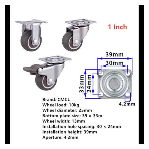 Diagram of 1 inch set of four lightweight TPE caster wheels with brakes, smooth rolling, universal stem, silent bearings, soft rubber
