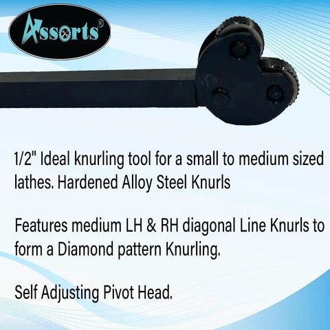 Knurling Tool With Pivot Head Diamond Pattern For Lathe And Engine Tools, Medium Pitch Diamond Knurl, Half Inch Square Shank