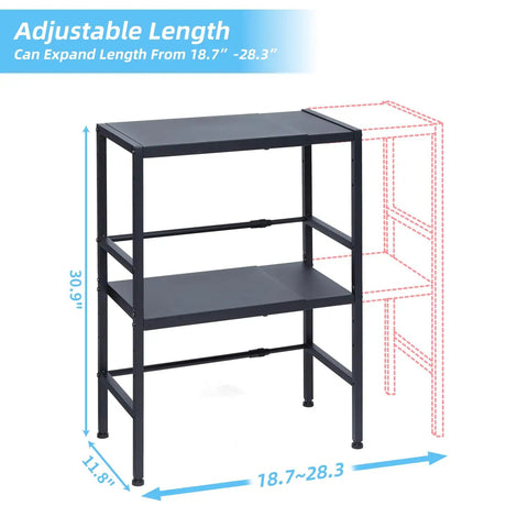 Two Tier Expandable Metal Storage Shelves Built For Tough Use With Adjustable Heights From 18.7 To 28.3 Inches Heavy Duty 150 Lbs Per Shelf Utility Rack For Kitchen Garage Laundry Bathroom Pantry And Warehouse, black metal shelf