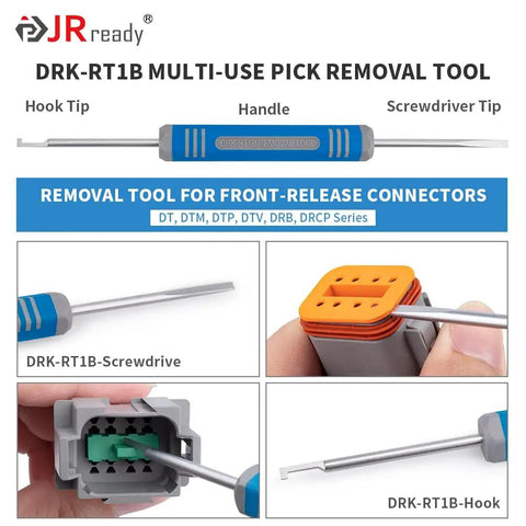 DRK-RT1B multi-use pick removal tool for connectors with hook and screwdriver tip, used for DT, DTM, DTP series