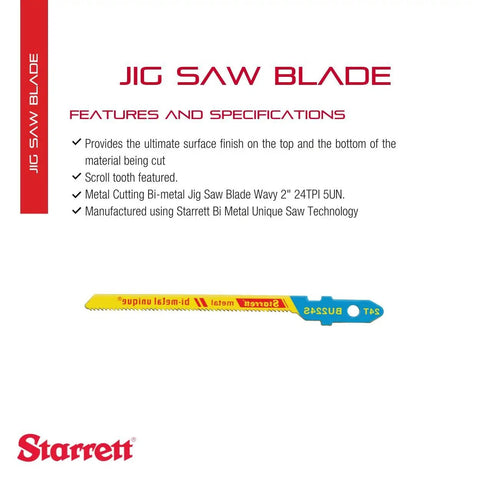 Image of Bi-Metal Unified Shank Jig Saw Blade Kit For Metal Cutting, 2 Inch Length, 3 Sixteenth Inch Width,.040 Inch Thickness, 24 TPI Wavy Type, 5 Pack featuring Starrett branding and features list.