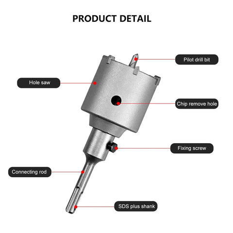 Detailed view of a Nine Piece Concrete Hole Saw Kit With 30mm 40mm 65mm 80mm 100mm Masonry Hole Saws, Tungsten Steel SDS Plus Shank Drill Bits.