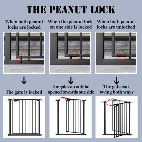 Triple Lock Baby Gate For Stairs And Doorways Extra Wide 31 To 86 Inches Pressure Mounted showcasing peanut lock mechanisms