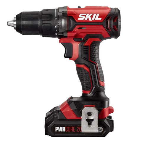 Close-up of 20V cordless drill driver from 4 Tool Power Kit With 20V Cordless Drill Driver Impact Driver Reciprocating Saw And LED Spotlight Includes Two 2Ah Batteries And Charger For Home DIY Projects