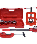 Heavy Duty Portable Ratchet Pipe Threader Kit With 5 Dies For 3/8 To 1-4 Inch Npt Threading in red case.