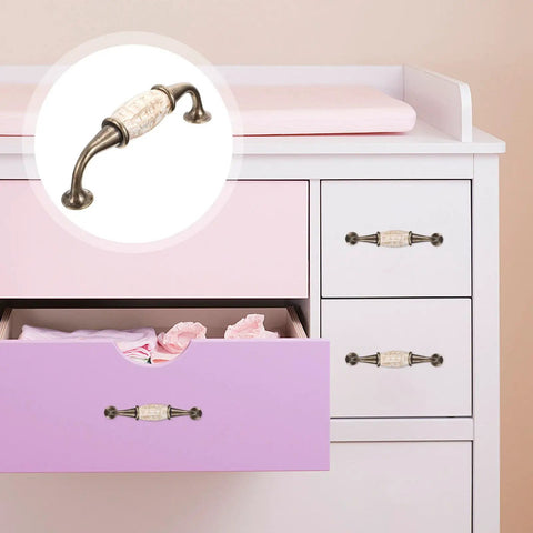 Four Pack Marble Print Ceramic Cabinet Pull Handles For Bathroom And Wardrobe Furniture Knobs On Pink and White Drawers