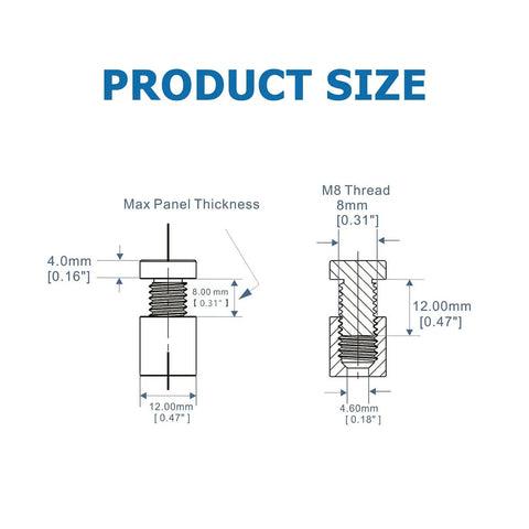 Product size dimensions for Straight Up Premium 12 Pack Aluminum Standoff Screws Wall Mount Hardware for Acrylic Signs and Glass Displays.