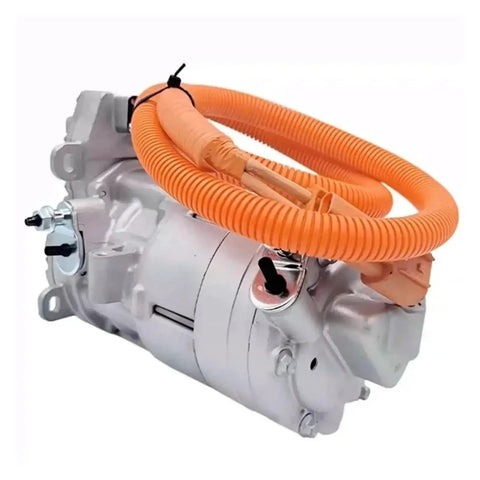 Top Notch Electric HVAC AC Compressor Replacement Pump For Tesla Model 3 And Model Y, aluminum body with orange hose.