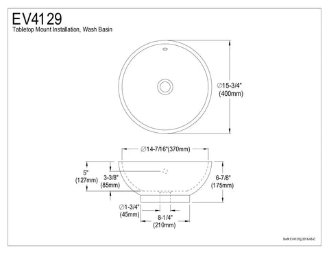 Schematic diagram of Vitreous China Bathroom Vessel Sink In White, Durable Chemical And Heat Resistant Vessel Basin, dimensions labeled.