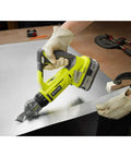 Using 18V 18-Gauge Offset Shear Tool Only P591 for fast sheet metal cuts with vinyl siding, shingles, and chicken wire in workshop