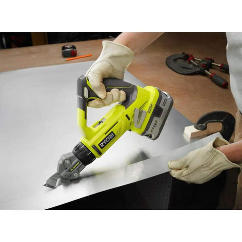 Using 18V 18-Gauge Offset Shear Tool Only P591 for fast sheet metal cuts with vinyl siding, shingles, and chicken wire in workshop