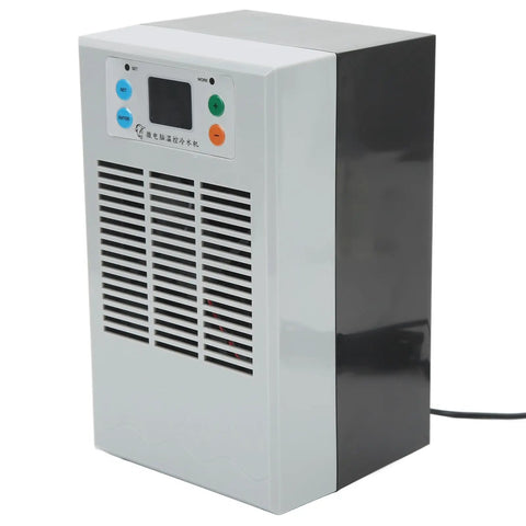 Sleek Semiconductor Water Chiller For Aquarium Tanks 20 Liter Capacity With 70 Watt Cooling Power Compact Electric Cooling Unit view from the side.