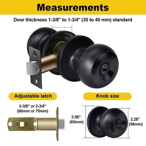 Privacy Door Knob Matte Black Keyless Lock In Solid Stainless Steel with adjustable latch and measurements diagram