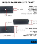 Hidden Deck Fastener Clips Bundle for Grooved Composite Decking size chart with dimensions and features.