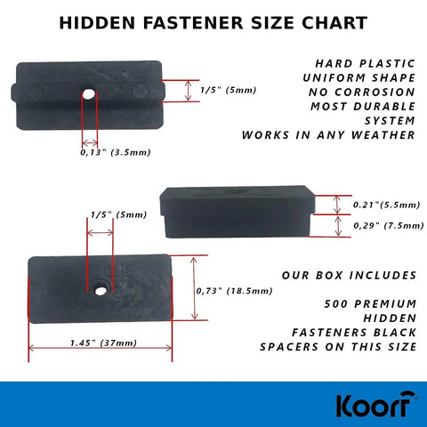 Hidden Deck Fastener Clips Bundle for Grooved Composite Decking size chart with dimensions and features.