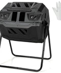 Front view of 43 Gallon 163L Dual Chamber Compost Tumbler With Sliding Doors And Stable Metal Frame, 360 Degree Rotation Outdoor Garden Bin, includes gloves.