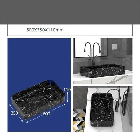 USZWBY Black Marble Pattern Vessel Vanity Sink Above Counter Basin Square Ceramic Wash Bathroom Sink in modern bathroom setting.
