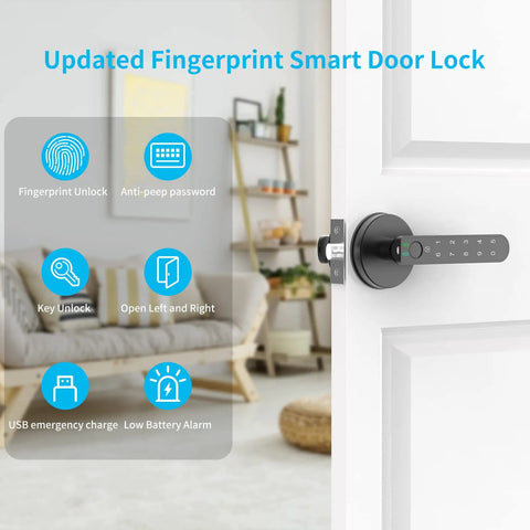 Fingerprint Door Lock With Keypad And Password For Easy No Key Entry Hassle Free Smart Handle Door Knob Black on White Door