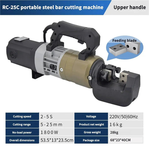 Heavy Duty Electric Hydraulic Rebar Cutter With Fast Cutting Speed Cuts Steel Rods Effortlessly Compact Portable Handheld Machine For Construction Sites features upper handle and feeding blade.