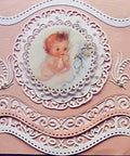 Vintage Lace Die Cuts 6 Piece Set With Wavy Border Edges Cutting Dies used on a baby-themed card with intricate design details.