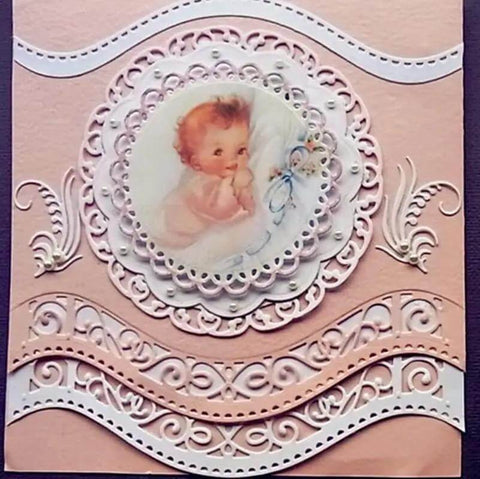 Vintage Lace Die Cuts 6 Piece Set With Wavy Border Edges Cutting Dies used on a baby-themed card with intricate design details.