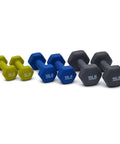 Hex Neoprene Dumbbell Set With Rack 3 Pairs 5 10 And 15 Lb Neoprene Coated Hand Weights in yellow, blue, and gray colors