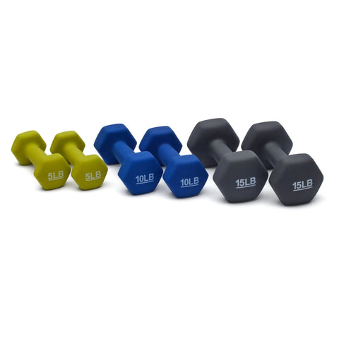Hex Neoprene Dumbbell Set With Rack 3 Pairs 5 10 And 15 Lb Neoprene Coated Hand Weights in yellow, blue, and gray colors