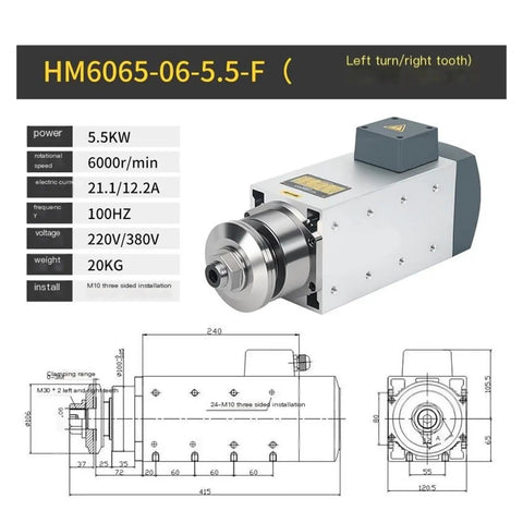 Heavy Duty CNC Spindle Motor High Speed Copper Winding HM6065-06-5.5-F with detailed specifications and dimensions.