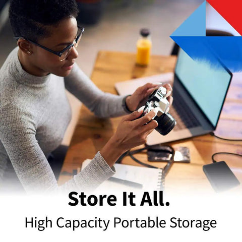 Person using camera with Dope 2TB Portable External Hard Drive With USB 3.0 Red Finish on desk next to laptop for storage backup