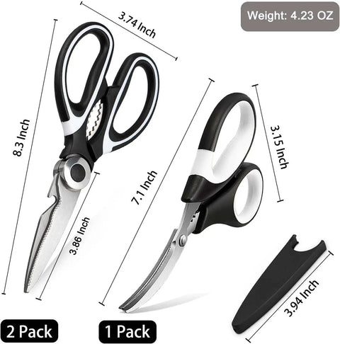Three Pack Kitchen Scissors Set With Two Large Multi Purpose Scissors And One Curved Seafood Scissors For Chopping Meat Poultry Veggies And Seafood Heavy Duty Sharp Durable Kitchen Shears You Can Count On, with cover