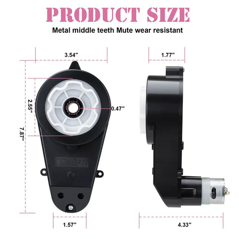 24V RS555 High Speed Motor Gearbox Upgrade Kit Two Pack with 40000 RPM for Ride On Toys, side view, metal teeth, size dimensions