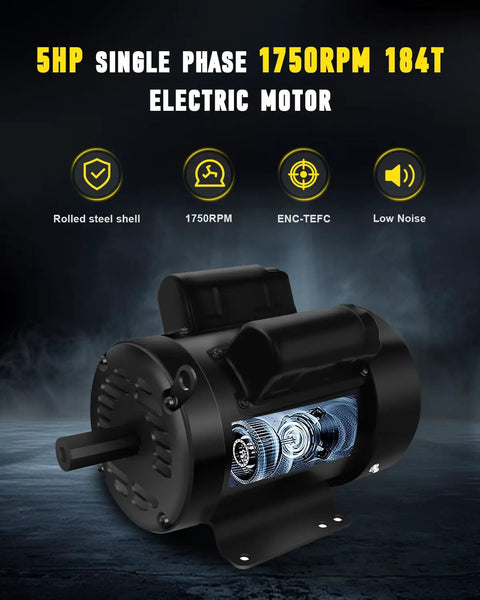 Premium 5Hp Air Compressor Motor Built Like A Tank For Farm Duty Hustles Smooth 1750Rpm TEFC Enclosure 208 230 Volts Reversible Cw Ccw Spin Industrial Grade 184T Frame in black rolled steel design.