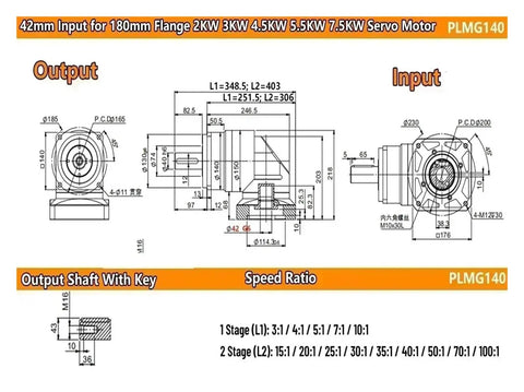Heavy Duty 90 Degree Helical Reducer Right Angled Gearbox For Industrial Motors dimensions and specifications diagram for various motor sizes.