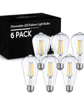 Pack of 6 Dimmable Vintage Edison LED Bulbs 7W Filament, 800 Lumens, Soft White 2700K, ST64 with clear glass and E26/E27 base.
