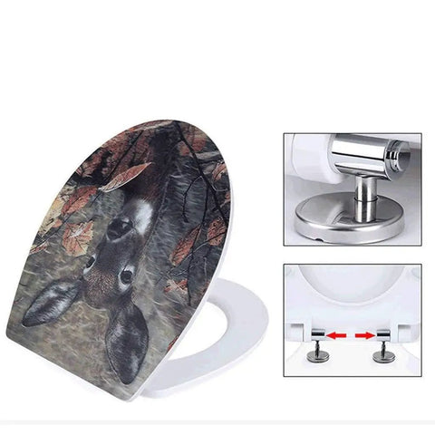 Upgrade Your Restroom With This Smooth Quick Release Round Wooden Toilet Seat Featuring A Fresh Drip Art Print and cushioned seating