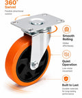 Badass Heavy Duty Four Inch Caster Wheels Set Of Four Rolling Smooth On Resilient Polyurethane Tires For Shop Rigs and Mobile Tool Carts featuring orange 360° swivel design.