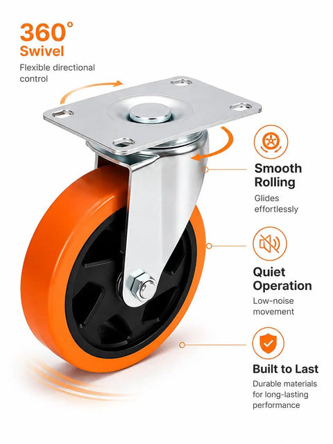 Badass Heavy Duty Four Inch Caster Wheels Set Of Four Rolling Smooth On Resilient Polyurethane Tires For Shop Rigs and Mobile Tool Carts featuring orange 360° swivel design.