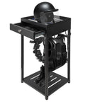 Police Gear Stand With Gun Storage, Heavy Duty Metal Rack For Gear Organization, 42 By 18 By 18 Inches, shown with gear.