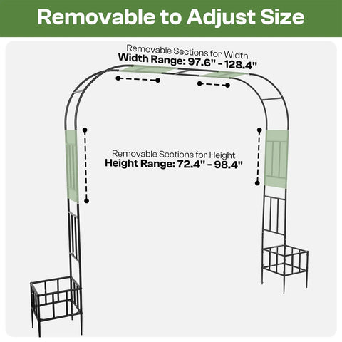 Adjustable Garden Arch With Planter Boxes, Heavy Duty Iron Arbor Trellis For Climbing Plants, Detailed Size Range View
