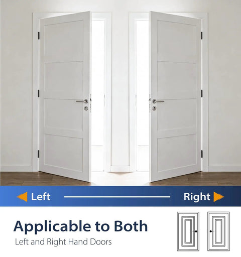 3 Pack 4 Inch Self Closing Door Hinges With Five Eighth Inch Radius Corners Black Finish For Kitchen Bathroom Garage And Office Doors No Fuss Install Durable Stainless Steel Mounting Hardware Built To Last Ideal For Interior Doors And High Traffic Use, shown on left and right hand doors