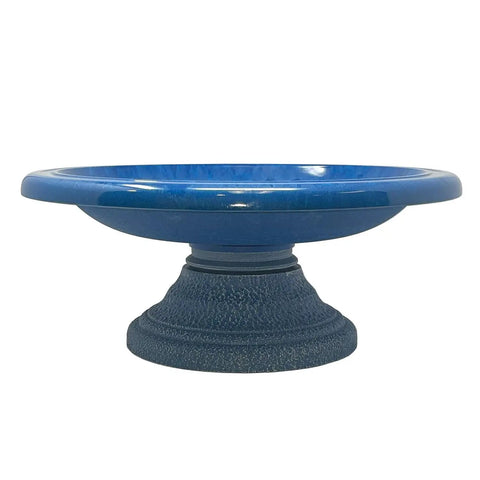Fiber Clay Bird Bath With Gloss Azure Blue Bowl Grab And Go Low Profile Base 19 Inch Diameter 7.5 Inch Height Lightweight Garden Waterer
