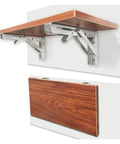 Beefy Stainless Steel Foldable Triangular Bracket Set 2 Pack Wall Mount; one bracket holding a wooden shelf, one folded down.