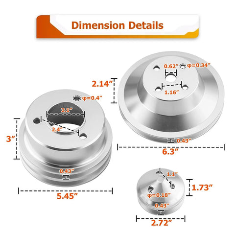 Solid Aluminum Pulley Kit For Big Block Chevy 396 427 454 V-Belt Long Water Pump Setup, dimension details with sizes