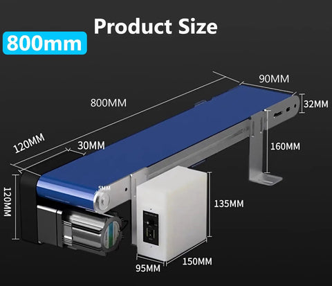 Rock Solid Mini Desktop Conveyor Belt With Slick Pvc Track And No Sweat Variable Speed Controls For Smooth Physics Lab Work And Quick Assembly Line Runs Featuring Anti Static Wear Resistant Surface dimensions diagram with measurements.