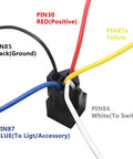 Two Pack 12V Automotive Five Pin SPDT Relays With Interlocking Relay Sockets And Inline ATC Fuse Holders High Current Thirty And Forty Amp Bosch Style Prewired Leads For Easy Plug And Play Setup Twelve Inch close-up of relay wiring.